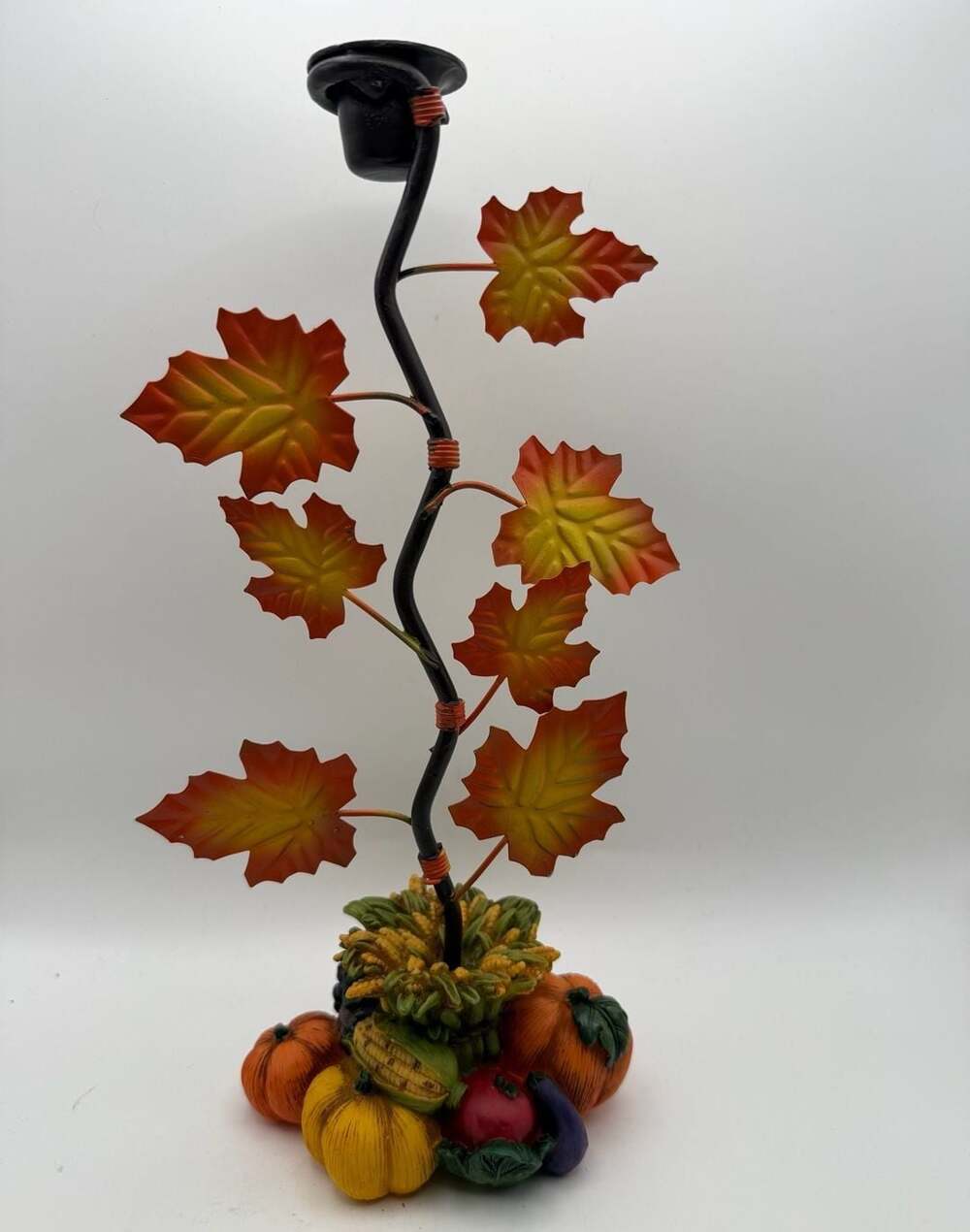 Fall Harvest Pumpkin Vine Taper Candle Holder with Maple Leaves